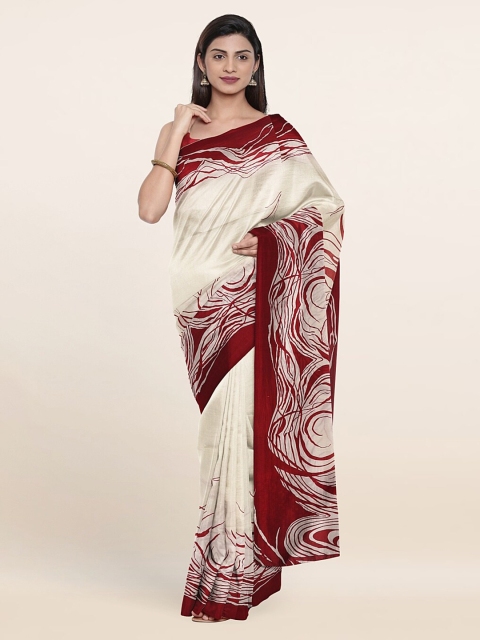 Pothys Off White & Maroon Cotton Blend Saree