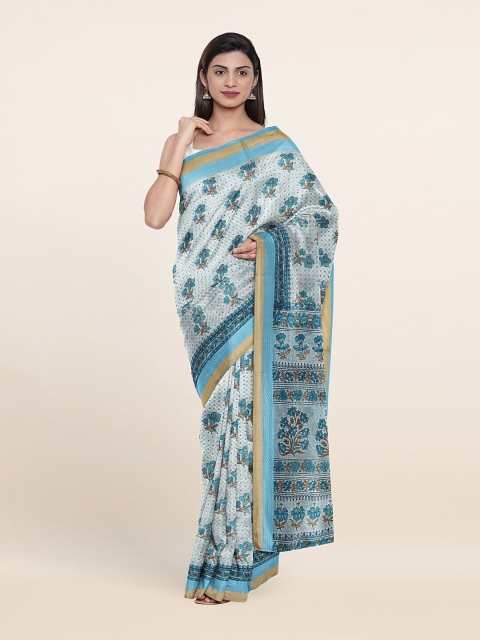 Pothys Off White & Blue Floral Printed Saree