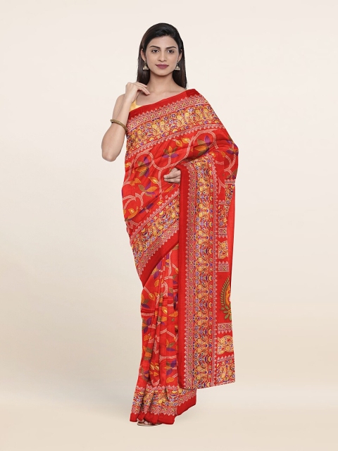 Pothys Red & Blue Floral Cotton Blend Saree