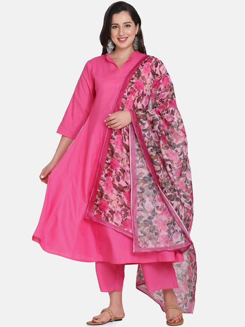 Bhama Couture Women Pink Layered Kurta with Trousers & With Dupatta 
Bhama Couture Women Pink Layered Kurta with Trousers & With Dupatta