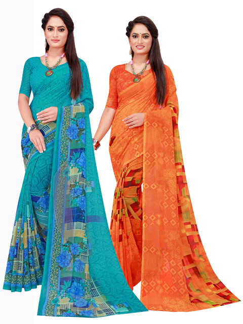Florence Pack Of 2 Orange & Turquoise Blue Pure Georgette Sarees 
Florence Pack Of 2 Orange & Turquoise Blue Pure Georgette Sarees