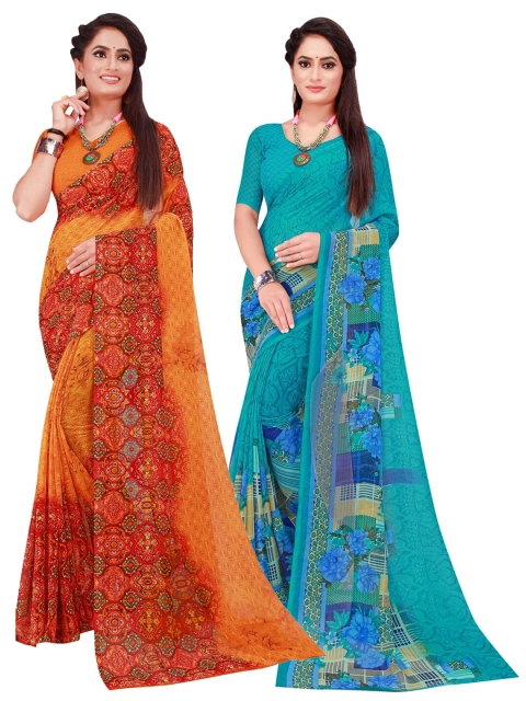 Florence Orange & Turquoise Blue Printed Pure Georgette Saree