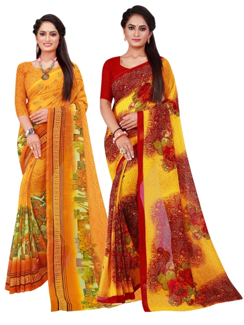 KALINI Yellow & Red Printed Pure Georgette Saree Pack Of 2