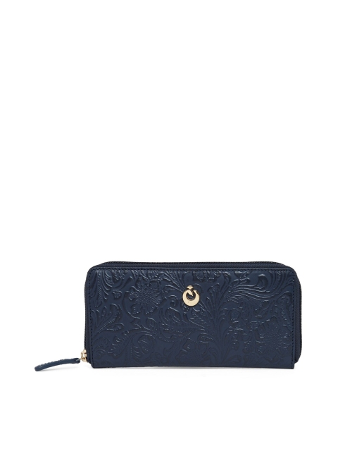 Holii Women Blue Floral Embossed Leather Zip Around Wallet