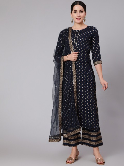Nayo Women Navy Blue Ethnic Motifs Printed Pleated Kurti with Palazzos & With Dupatta
Nayo Women Navy Blue Ethnic Motifs Printed Pleated Kurti with Palazzos & With Dupatta