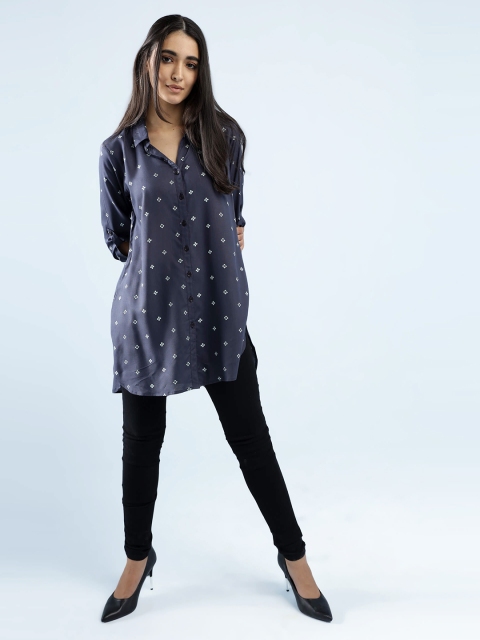 IDK Blue Floral Motif Printed Rayon Top
