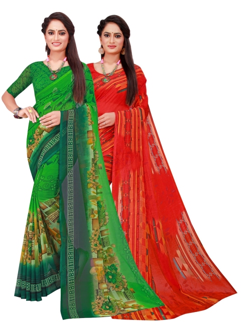 Florence Green & Red Pure Georgette Saree