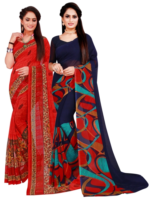 Florence Navy Blue & Red Set Of 2 Pure Georgette Saree