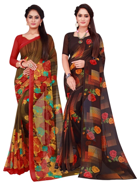 KALINI Black & Red Pack of 2 Floral Pure Georgette Saree