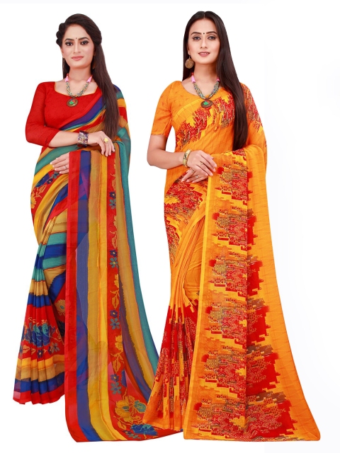 Florence Red & Yellow Pack of 2 Printed Pure Georgette Saree