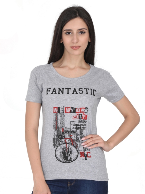 Fleximaa Women Grey Printed Round Neck T-shirt