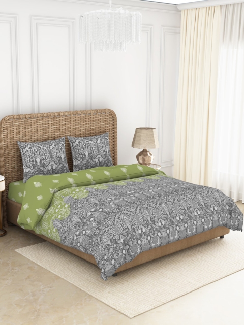 SPACES Green & Grey Printed Double King Bedding Set With Comforter