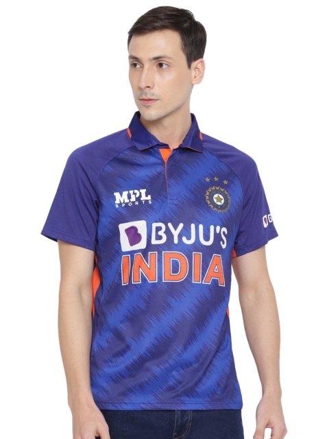MPL SPORTS Men Blue Typography Printed Mandarin Collar Applique T-shirt