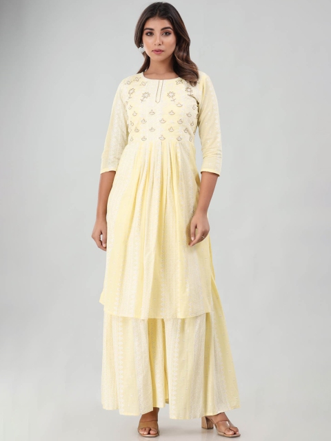 FASHION DWAR Women Yellow Striped Layered Pure Cotton Kurti with Skirt & With Dupatta
FASHION DWAR Women Yellow Striped Layered Pure Cotton Kurti with Skirt & With Dupatta