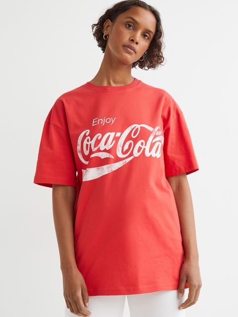H&M Women Red Oversized Motif-Detail T-shirt