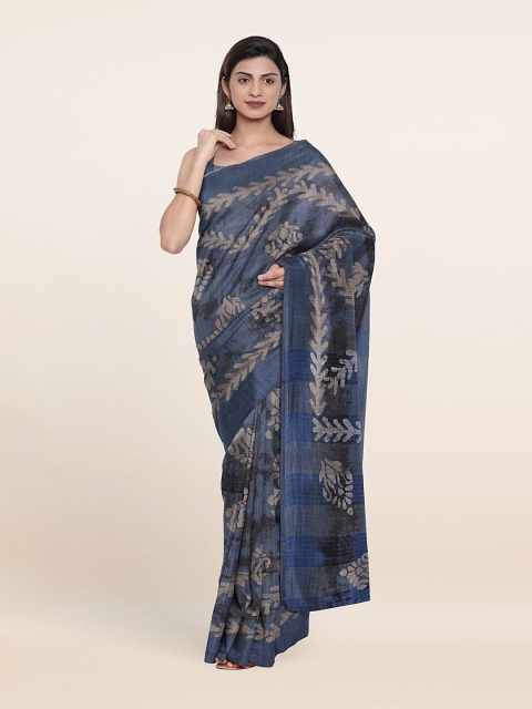 Pothys Blue & Grey Floral Jute Cotton Saree