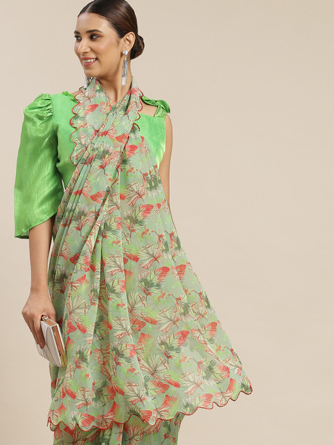 Tikhi Imli Green & Pink Floral Poly Georgette Saree 
Tikhi Imli Green & Pink Floral Poly Georgette Saree