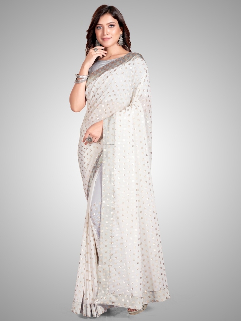 Mitera White Embellished Sequinned Pure Georgette Saree