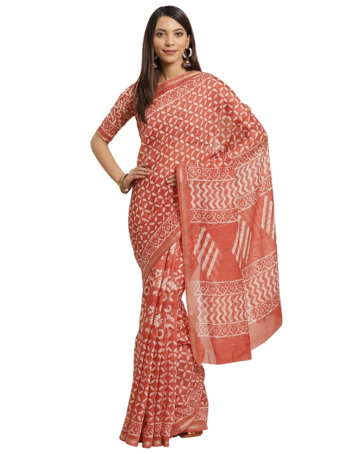 KALINI Rust & White Printed Silk Blend Saree