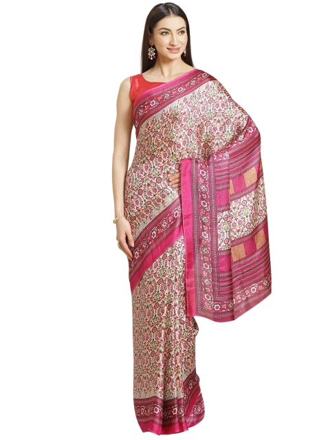 KALINI Beige & Red Floral Silk Blend Saree