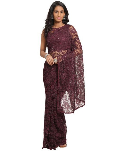 KALINI Purple Floral Self Design Net Saree