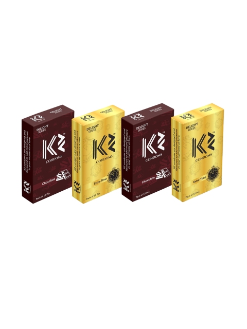 K2 Delight Series 2 Chocolate & 2 Extra Time Lubricated Dotted Condoms - 10 Pcs Per Pack, Yellow
K2 Delight Series 2 Chocolate & 2 Extra Time Lubricated Dotted Condoms - 10 Pcs Per Pack, Yellow