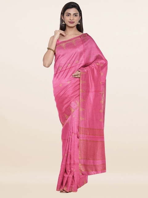 Pothys Pink & Golden Ethnic Motifs Woven Design Zari Jute Cotton Saree