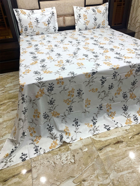 Pure Decor White & Grey Printed 400 TC Pure Cotton King Bedsheet With 2 Pillow Covers