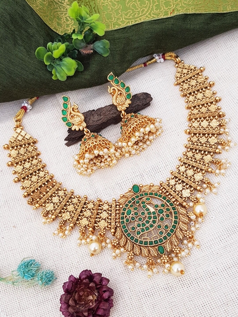 GRIIHAM Gold-Plated Green & White AD-Studded & Beaded Jewellery Set