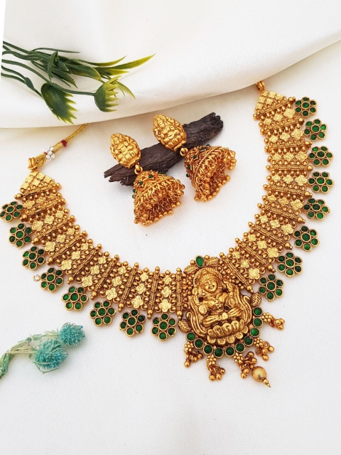 GRIIHAM Gold-Plated & Green Stone-Studded Jewellery Set