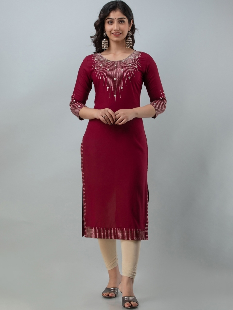CKM Women Maroon Quirky Yoke Design Mirror Work Kurta