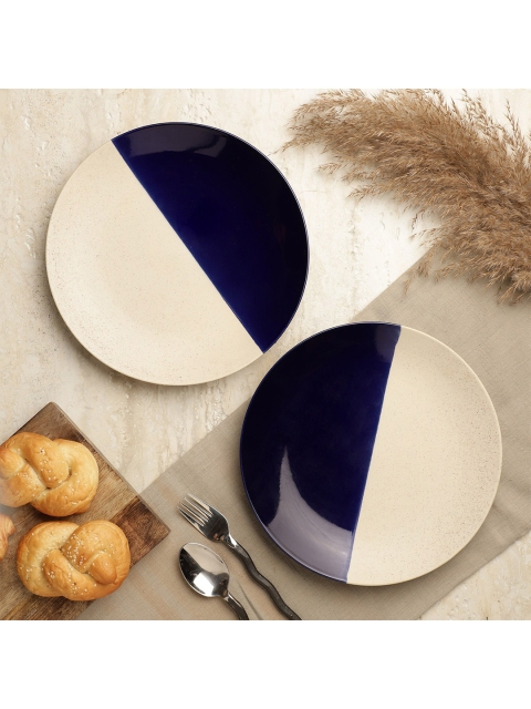 The Decor Mart Navy Blue & Cream-Coloured 2 Pieces Ceramic Glossy Plates