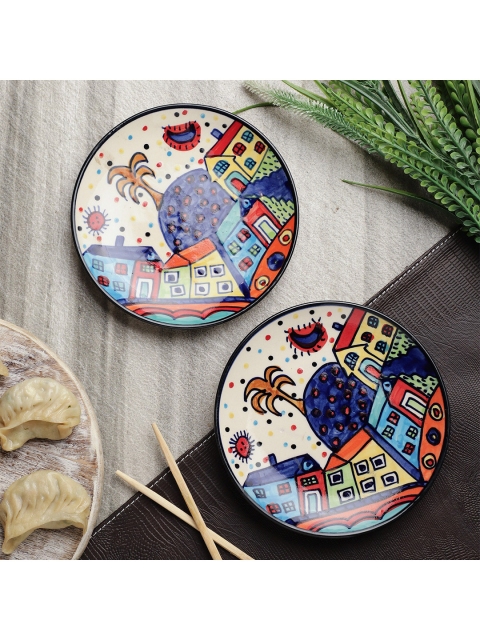 The Decor Mart Blue & Red 2 Pieces Printed Ceramic Glossy Plates