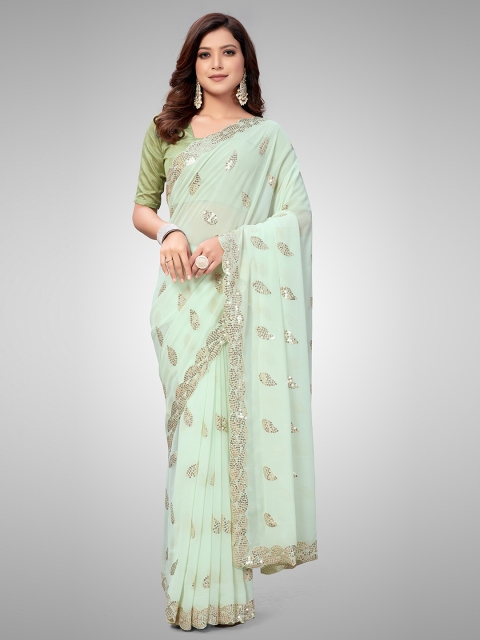 Mitera Green & Grey Embellished Sequinned Pure Georgette Saree