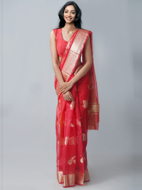 Unnati Silks Red & Gold-Toned Woven Design Zari Silk Cotton Banarasi Kota Saree 
Unnati Silks Red & Gold-Toned Woven Design Zari Silk Cotton Banarasi Kota Saree