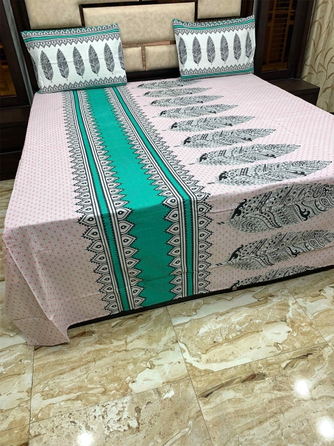 Pure Decor Pink & Green Ethnic Motifs 200 TC Queen Bedsheet with 2 Pillow Covers