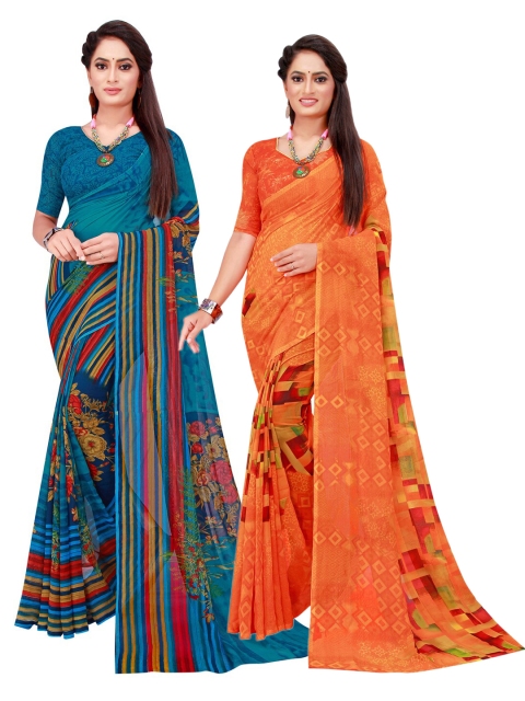 KALINI Orange & Blue Geometric Pack of 2 Pure Georgette Saree