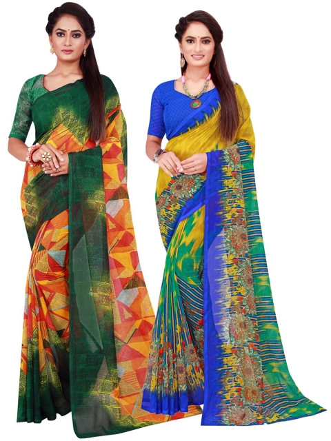 KALINI Green & Multicoloured Pack Of 2 Pure Georgette Sarees
