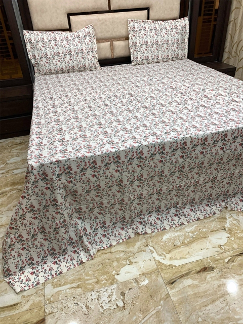 Pure Decor White & Red Floral 400 TC King Bedsheet with 2 Pillow Covers