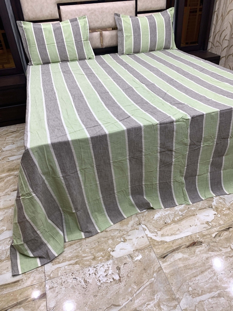Pure Decor Green & Grey Striped 400 TC Cotton King Bedsheet with 2 Pillow Covers