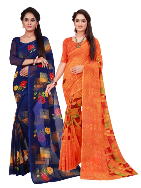 KALINI Pack of 2 Printed Pure Georgette Sarees, Orange