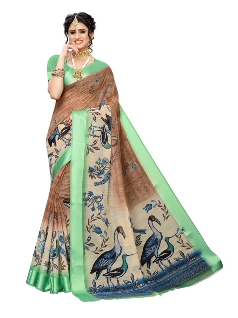 Yashika Green & Brown Floral Silk Blend Saree