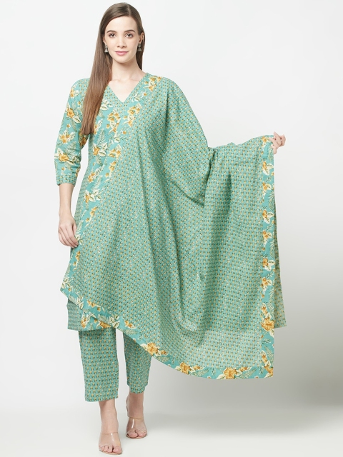 ERISHA Women Sea Green Floral Printed Pure Cotton Kurta with Trousers & With Dupatta
ERISHA Women Sea Green Floral Printed Pure Cotton Kurta with Trousers & With Dupatta