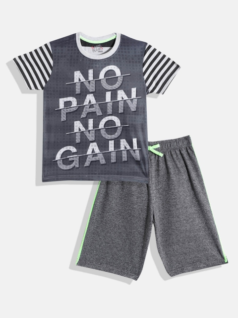 GAME BEGINS Boys Charcoal Grey & Black Typography Print T-shirt with Shorts