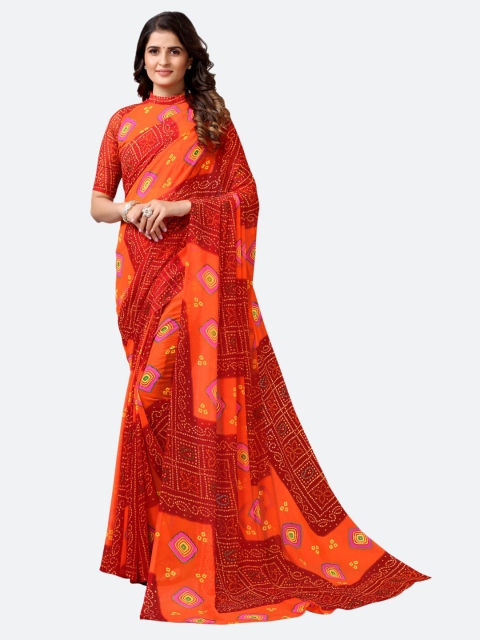 Satrani Orange & Pink Bandhani Saree