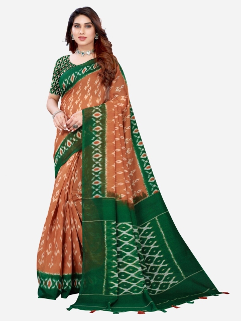 Satrani Brown & Green Cotton Printed Saree