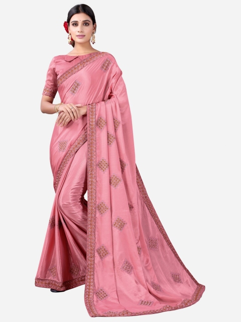 Satrani Pink Embroidered Poly Chiffon Saree