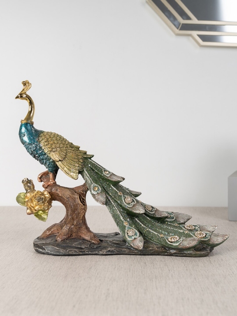 HomeTown Green & Gold-Toned Textured Peacock Hand-Finished Showpiece