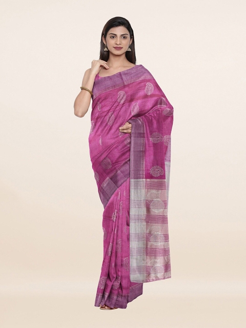 Pothys Lavender & Silver-Toned Floral Zari Jute Silk Saree