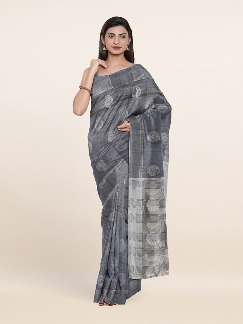 Pothys Grey & Silver-Toned Ethnic Motifs Zari Jute Silk Saree